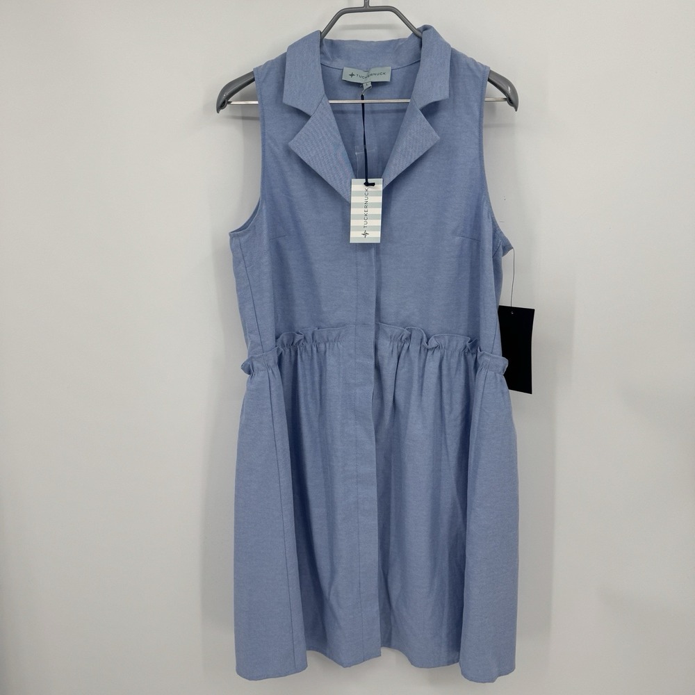 Tuckernuck Oxford Blue Sleeveless Royal Shirt Dress sz L NWT Ruffles Pockets